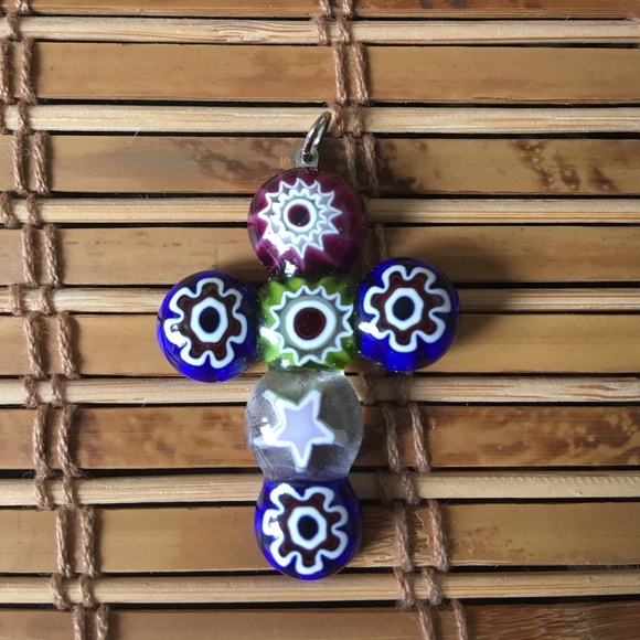 Millefiori Floral Flower Star Art Glass Cross Pendant Necklace Christian Faith + - Picture 6 of 8
